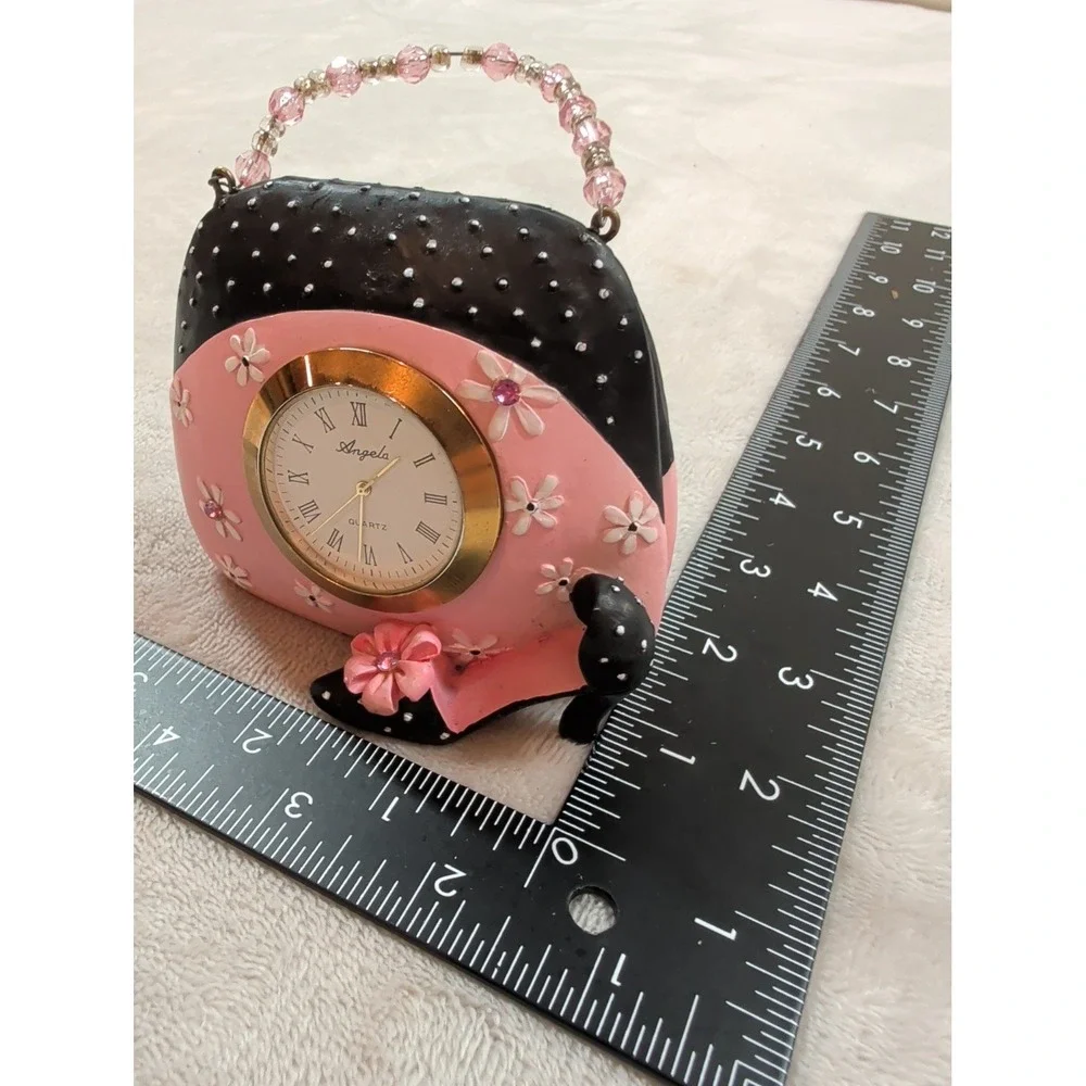Angela Purse Desk Clock Pink Black‎ Floral Beaded Handle High Heel Quartz Resin